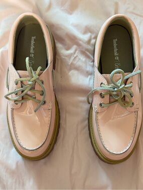 Timberland Light Pink Patent Leather Boat Shoes with Tan Soles